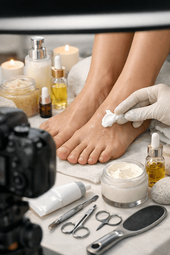 trulyfeetfans professionelle Fußpflege mit Creme und Kamera als Vorbereitung für hochwertigen Foot Content und Fußmütze Routine