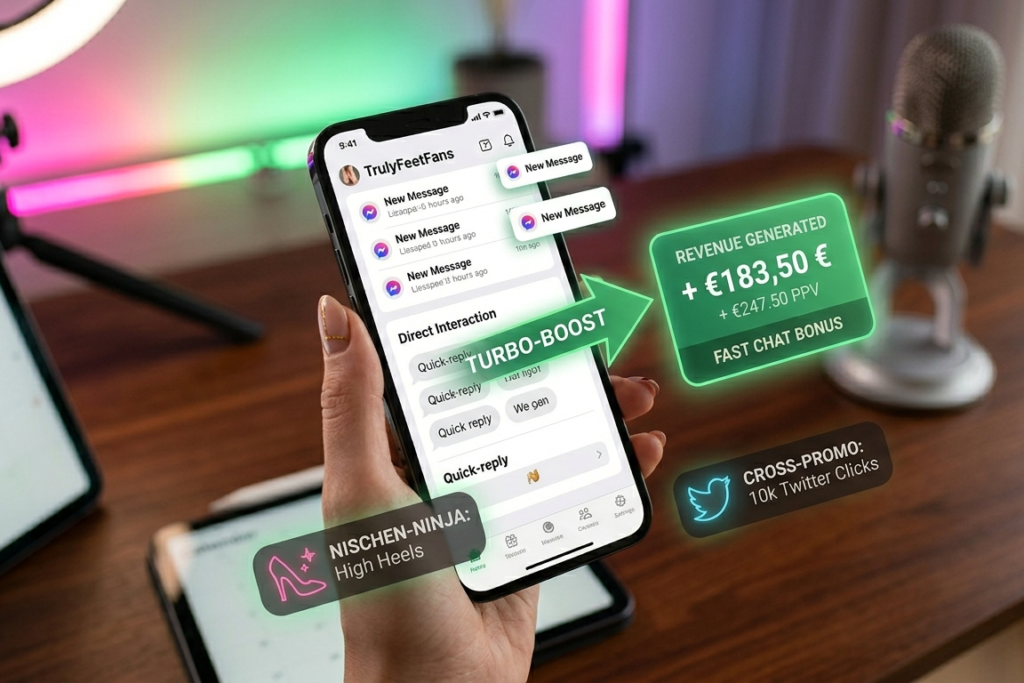 Dynamische Nahaufnahme: Smartphone-Dashboard eines TrulyFeetFans Creators, das schnelle Interaktion, Nischen-Strategie und generierten Umsatz zeigt. Illustration des Turbo-Boosts beim Fußbilder verkaufen. (Füße content verkaufen)