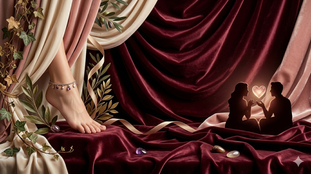 Ein ästhetisches Bild, das die reizende und symbolische Seite von Fussfetischen darstellt. Zwei barfüßige Frauenbeine mit Amethyst-Fußkettchen stehen im Vordergrund, umgeben von Weinreben und Olivenzweigen auf luxuriösen Samtdrapierungen. Im Hintergrund sind zwei Schattenfiguren zu sehen, die ein leuchtendes Herz halten, was emotionale Verbindung und Hingabe symbolisiert. Eine Visualisierung von Fußverehrung und Sinnlichkeit im Rahmen von Fussfetischen.
