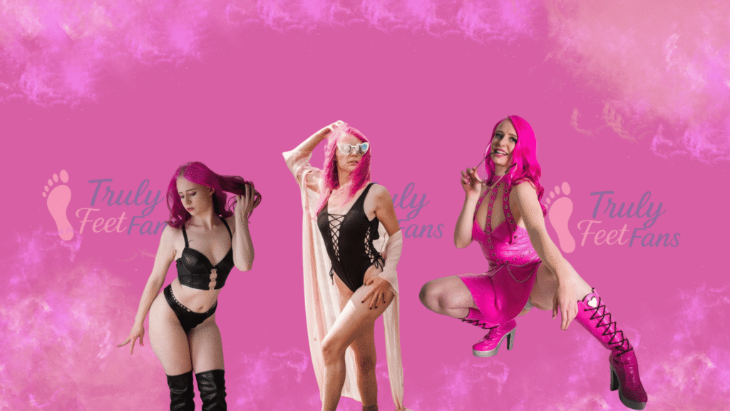 Collage von ciny_miss_glckt in drei verschiedenen Outfits vor einem pinken Hintergrund mit TrulyFeetFans Branding