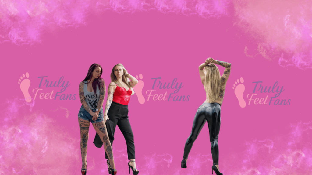 Devils Akita in drei verschiedenen Outfits (Hotpants, rotes Korsett mit schwarzer Hose und glänzende Leggings) jeweils kombiniert mit High Heels vor einem pinken TrulyFeetFans Banner.