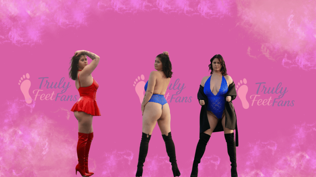 Das Model Lisa Nimmersatt in drei verschiedenen Outfits (rot, blau, schwarz) vor einem pinken Hintergrund mit TrulyFeetFans Logo