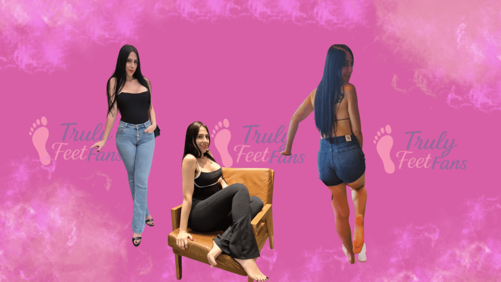 Ein Banner mit drei Posen von Prii Feet vor einem pinken TrulyFeetFans Hintergrund: links in Jeans: mittig sitzend auf dem Ledersessel und rechts in Jeans-Shorts: wobei das Logo des Blogs zu sehen ist.