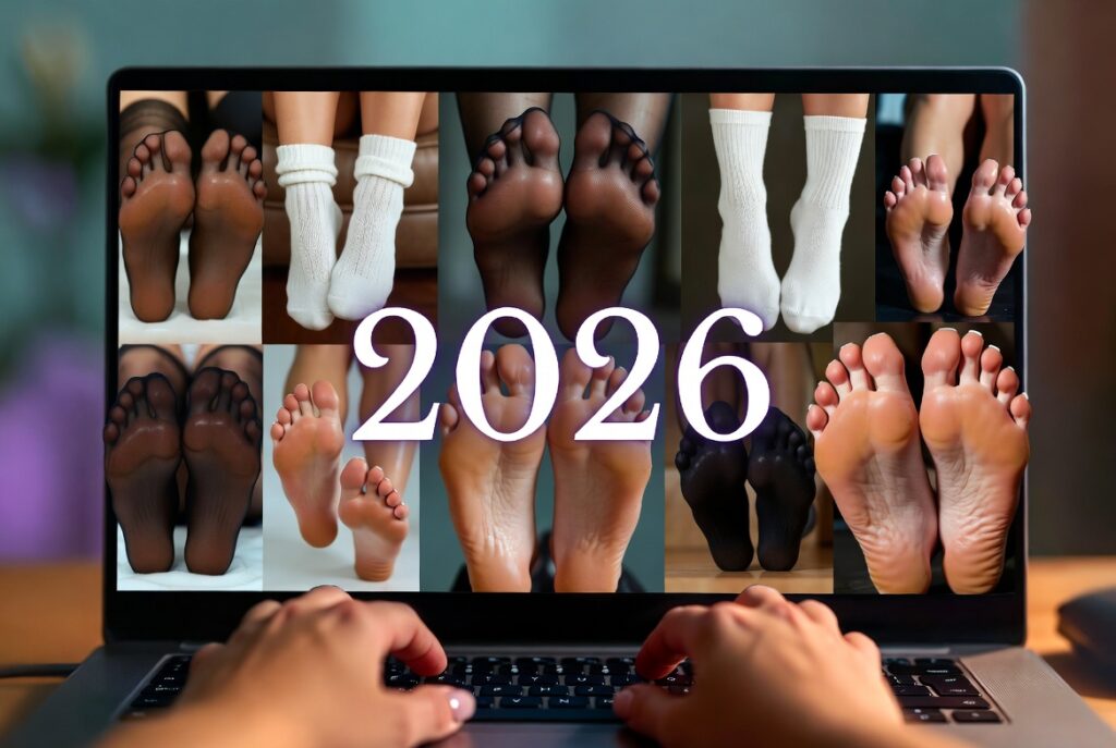 Ein Laptop-Bildschirm zeigt eine Galerie mit verschiedenen Füßen (Nylon, Socken, Barfuß) und der großen Jahreszahl "2026", um das Wachstum und die Nischen im Fußfetisch Markt zu symbolisieren.